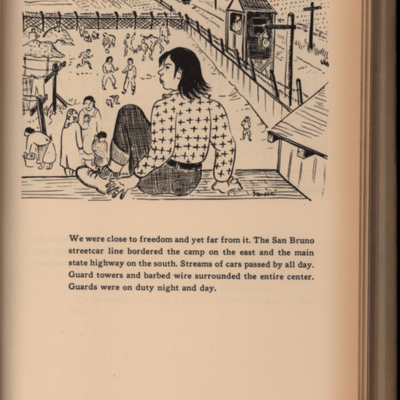 Illustration of woman sitting above a camp surrounded by barbed wire fending, people playing and doing laundry, and a watchtower in the background with a man looking out; small amount of text under illustration