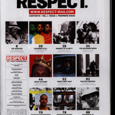 Table of contents for magazine with square images of artists for each article.