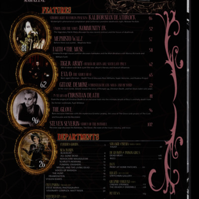 Table of contents for DeathRock, featured artists' photos on left side of page