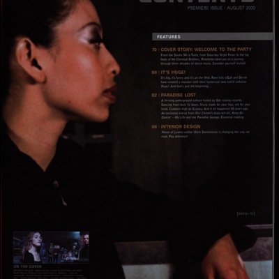 Magazine table of contents page with profile photo of a woman in the background.