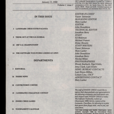 Magazine page with table of contents and masthead