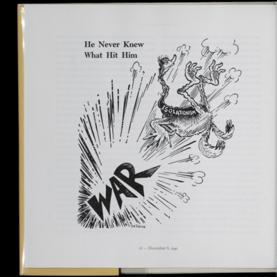 Cartoon of a large bird blown away by an explosion