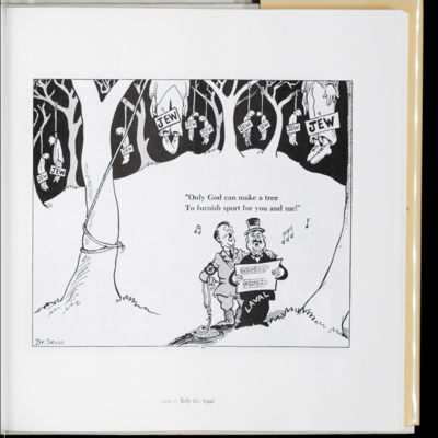 Cartoon of Hitler and a man singing while men hang from nooses in the trees above