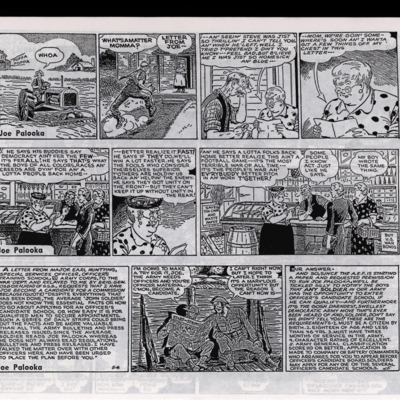 Three comic strips; first two of a family reading a letter; third one depicting two soldiers reading a newspaper in a war trench, framed by two panels of text