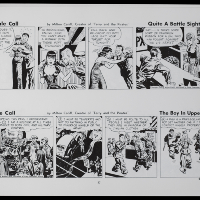 Two comic strips; topmost one of soldiers attempting to touch a woman, then the woman speaking to a soldier behind a counter; bottommost one depicting a soldier walking through a city, causing a car crash, and being chased by the police