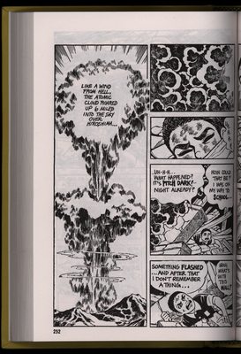 Graphic novel page of atomic bomb explosion and a young boy trapped beneath rubble