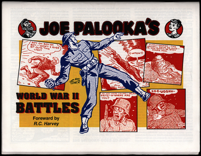 Title page with a man in army uniform about to throw a grenade, two portraits framing the title of a man and woman, and five red comic panels in the background of soldiers
