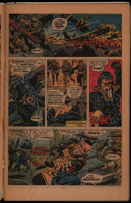 Comic book page of grounded Nazi pilots firing weapons at British army doctors