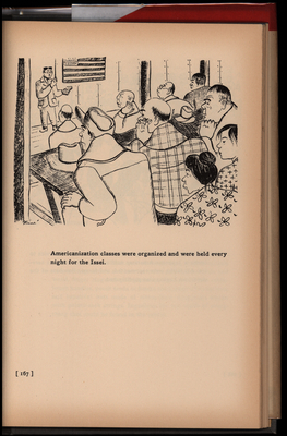 Illustration of men and women sitting at tables looking at a man with a book in his hand in front of an American flag; small amount of text under illustration