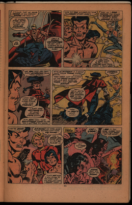 Comic book page of Spirit of 76' and other British superheroes introducing themselves and displaying superpowers