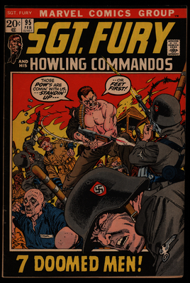 Comic book cover of Nick Fury and American soldiers fighting Nazi soldiers with men in prison uniforms running away; Soldier with a swastika on his helmet in the foreground and a fire in the background