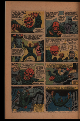 Comic book page of Red Skull explaining his plan and getting punched by Captain America