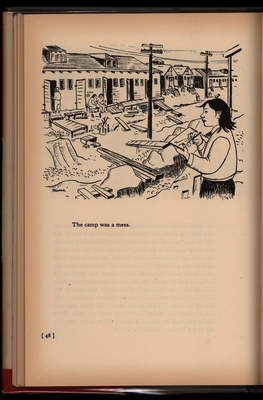 Illustration of woman drawing buildings with wood scraps and boxes scattered on the dirt ground; small amount of text under illustration