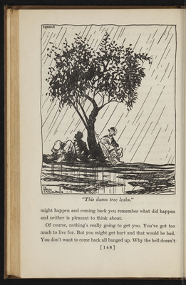 Cartoon of two soldiers sitting beneath a tree in the rain