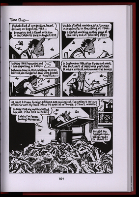 Graphic novel page of man in a mouse mask sitting at a drawing desk on top of a pile of dead mouse people