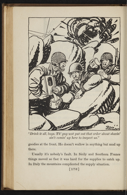 Cartoon of three soldiers pouring drinks from a canteen while crouched in between rocks