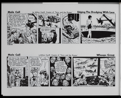Two comic strips; topmost one of soldiers driving a car and gathering around a pool to watch a woman in a swimsuit;  bottommost one of a woman and a soldiers standing in a control room, then of many planes flying by the control room window