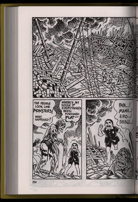 Graphic novel page of people walking through disaster wreckage with skin peeling off, young boy running through the wreckage