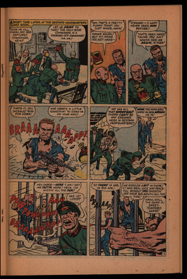 Comic book page of a group of German soldiers celebrating and Nick Fury and men in prison uniforms attacking
