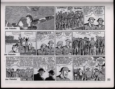Three comic strips depicting a group of American soldiers celebrating the capture of a group of German soldiers