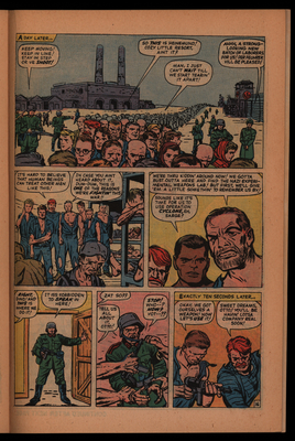 Comic book page of large group of people being lead by soldiers, Nick Fury and men in prison, and a German soldier being attacked by men in prison uniforms
