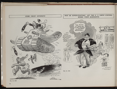 Two cartoons; the leftmost of a man sitting in a military tank and dropping bombs with money symbols on a man in Ancient Roman armor with Hitler's mustache and buckteeth, the rightmost of a large man with another man pulling a tape measure around his waist, a dog barking, and Uncle Same and other men in the background