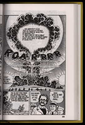 Graphic novel page of atomic bomb explosion with men watching