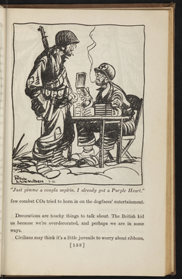 Cartoon of one soldier standing in front of another soldier sitting at a desk who is holding a military medal