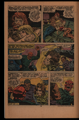 Comic book page with a scene of a man and an woman holding one another and a scene of Red Skull yelling at a man and woman