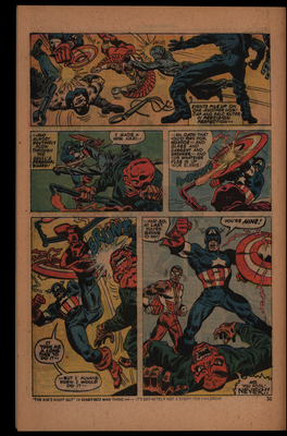 Comic book page of Captain America and the Falcon fighting Red Skull