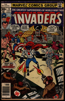 Comic book cover of Captain America, the Submariner, the Human Torch, and other superheroes fighting the Nazi army