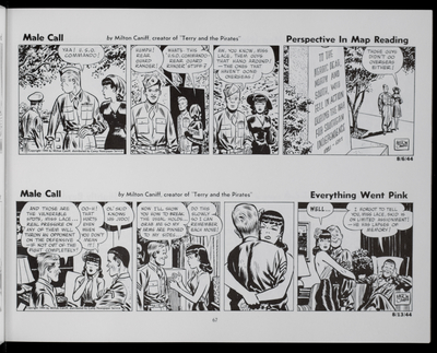 Two comic strips; topmost one of a woman and a soldier walking past another soldier and then a memorial; bottommost one of two soldiers and one woman, the woman then hugs one of the soldiers