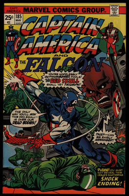 Comic book cover of Captain America and the Falcon fighting soldiers and Red Skull in the background