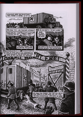 Graphic novel page of mouse people and cat people arriving in trucks to Auschwitz Concentration Camp