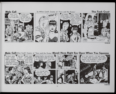 Two comic strips; topmost one of a man asking a woman to bake him a pie; bottommost one of a woman and three soldiers playing a party game, last panel depicting one soldier being carried away by two others