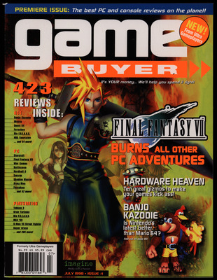 Magazine cover with large type in orange, white, and black, a Final Fantasy VII character, and a colorful background.