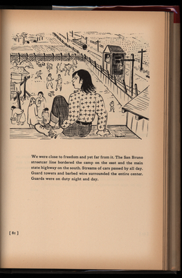 Illustration of woman sitting above a camp surrounded by barbed wire fending, people playing and doing laundry, and a watchtower in the background with a man looking out; small amount of text under illustration
