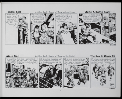 Two comic strips; topmost one of soldiers attempting to touch a woman, then the woman speaking to a soldier behind a counter; bottommost one depicting a soldier walking through a city, causing a car crash, and being chased by the police